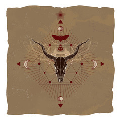 Wall Mural - Vector illustration with hand drawn antelope skull, dead head moth and Sacred geometric symbol on vintage paper background with torn edges.