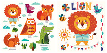 Colorful Baby Collection Of Funny Animals Owl, Cat, Bird, Crocodile, Lion, Fox And Children Poster Design With Lion