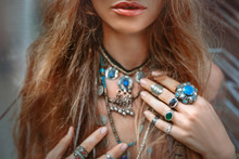 Close Up Of Beautiful Young Gypsy Style Woman Portrait With Gem Stones  Jewelry