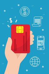 Wall Mural - hand holding credit card and icons design of commerce market store shop retail buy paying banking an