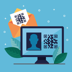 qr code inside computer envelope and leaves design of technology scan information business price communication barcode digital and data theme Vector illustration