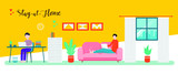 Fototapeta Młodzieżowe - Flat illustration of character working on computer at home for prevention from corona virus Premium Vector
