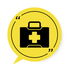 Black First aid kit icon isolated on white background. Medical box with cross. Medical equipment for emergency. Healthcare concept. Yellow speech bubble symbol. Vector Illustration