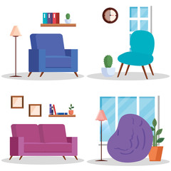 Sticker - set scenes of living room home places vector illustration design