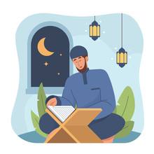 Muslim Man Reading Holy Quran. Ramadan Kareem Flat Cartoon Illustration