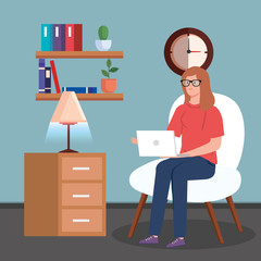 Wall Mural - woman working in telecommuting sitting in chair with laptop vector illustration design