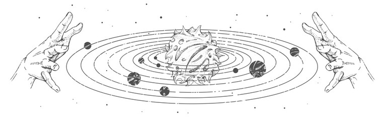 Wall Mural - modern magic witchcraft card with solar system and human hands. hand drawing occult illustration