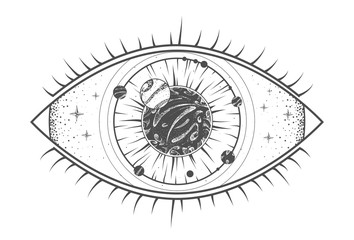 Wall Mural - modern magic witchcraft card with solar system and all-seeing eye. hand drawing occult illustration