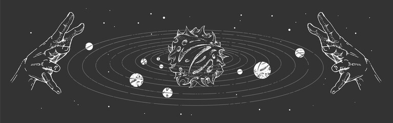 Wall Mural - modern magic witchcraft card with solar system and human hands. hand drawing occult illustration