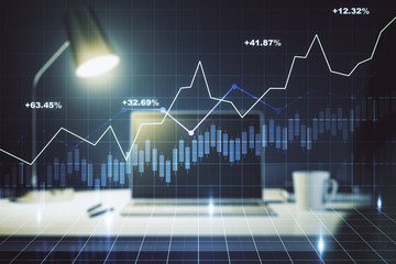 Multi exposure of abstract creative financial chart on computer background, research and analytics concept