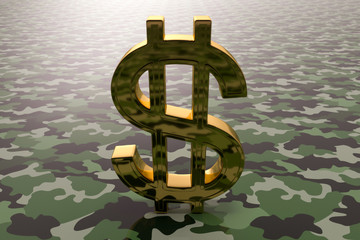 A gold backlit dollar sign stands on the surface of military camouflage.