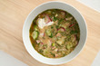 russian summer soup with smoked turkey, vegetables, and sour cream