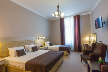 Interior of a three bed hotel bedroom