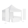 Trade show booth display stand - tent canopy, rectangular flags and demonstration table. Vector illustration