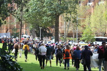 Procession Of Protestors Walking Through Hyde Park On Their Way To The Climate Change Strike At The Domain In Sydney Australia