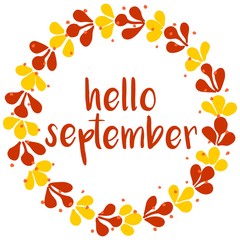 Hello september wreath orange, red and yellow vector card