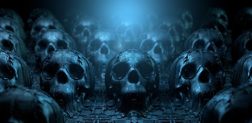scary occult still life with human skulls and science fiction surface. alien technology with organic