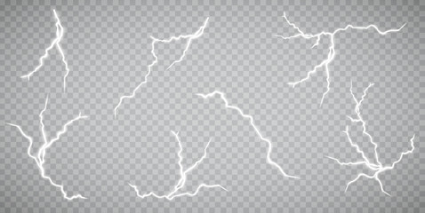 set of lightnings. thunder-storm and lightnings. magic and bright lighting effects. vector illustrat