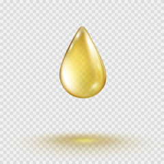 Oil gold drop isolated on transparent background. Cosmetic spa serum bubble of vitamin E. Vector realistic golden gel droplet template