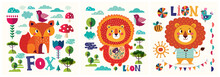 Colorful Baby Collection Of Baby Posters With Funny Animals Fox And Lions
