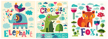 Colorful Baby Collection Of Baby Posters With Funny Animals Crocodile, Fox And Elephant