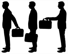 Vector Illustration Black Shadow Of A Man With A Suitcase In His Hands. Set Of Three Silhouettes Isolated On A White Background. Businessman With A Suitcase Holds Out His Hand Forward, Backward.
