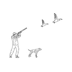 Wall Mural - hunter man with spotted dog, shooting ducks flying, vector illustration