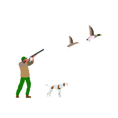 Wall Mural - hunter man with spotted dog, shooting ducks flying, vector illustration