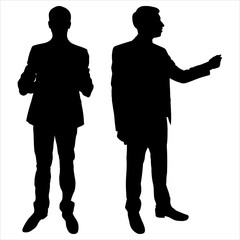 Wall Mural - Vector illustration male silhouette in a business suit. Set of two black eyeshadows isolated on a white background. Demonstration, discussion, training, performance. A man in profile and full face.