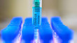The blue cap of the tubes with the coronavirus vaccine COVID-19 syringe on the top