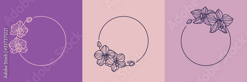 Cuadros en Lienzo Set of orchid flower frames and monogram concept in minimal linear style