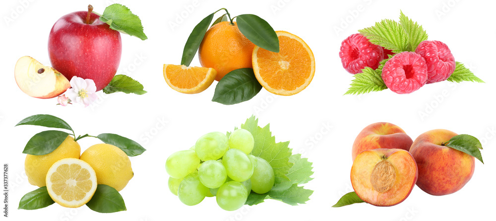 Obraz na płótnie Food collection fruits apple orange grapes apples oranges peach fresh fruit isolated on white w salonie
