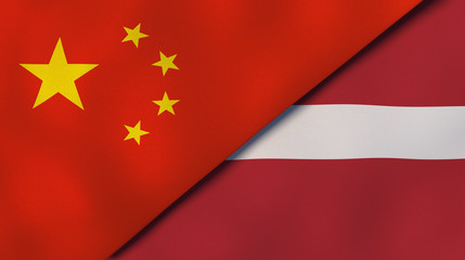 The flags of China and Latvia. News, reportage, business background. 3d illustration