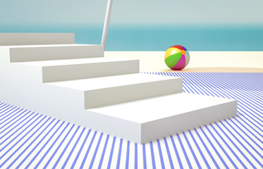 Poster - Natural summer beach backdrop with white stair for product display. Abstract 3d summer scene. sea view.