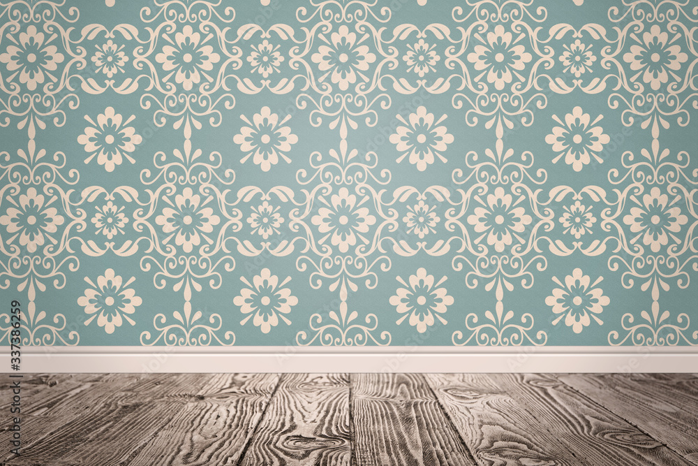 Blue wallpaper and wooden floor in room - obrazy, fototapety, plakaty 