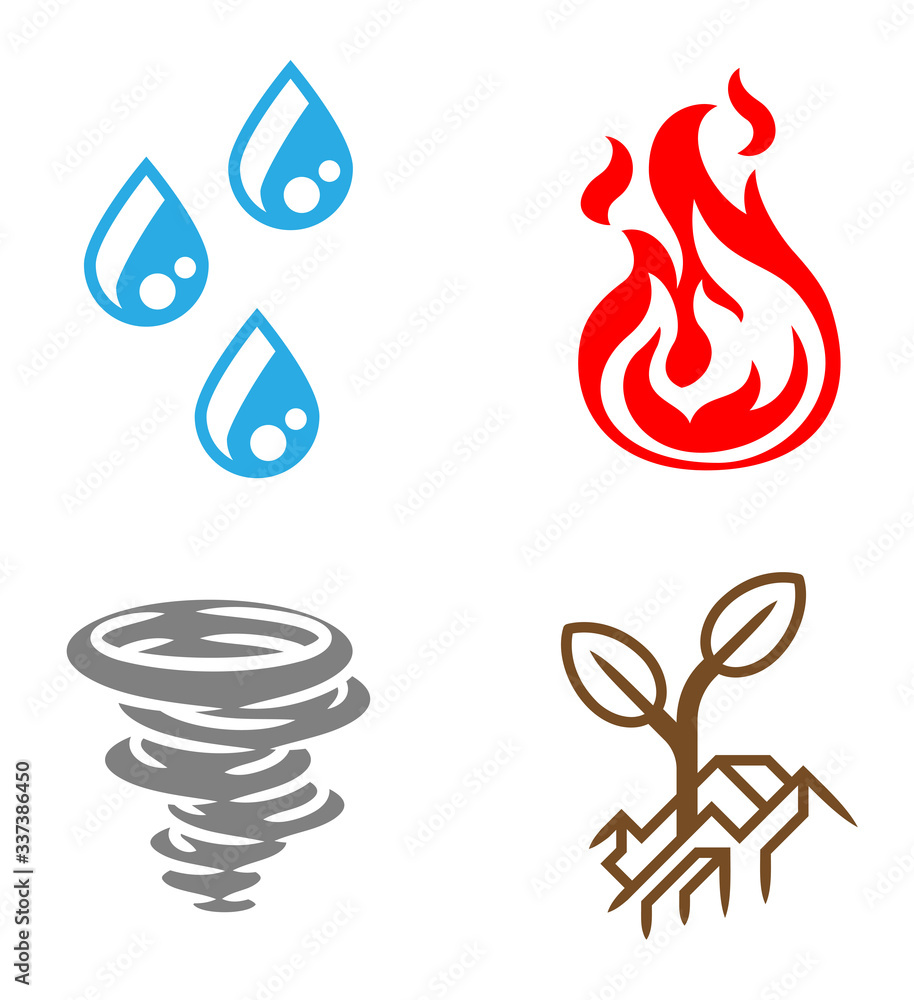 A four elements icon set. Icons each represent a classical element. Earth,  water, air and fire. Stock Vector | Adobe Stock, image size:914x1000