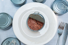 A Plate Of Tuna With Closed Cans Around It C