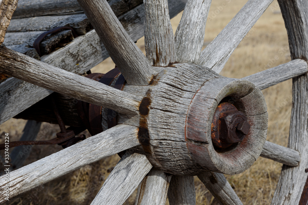 Visual Reference: Close Up Of A Wooden Wheel Hub And Spokes Stock