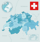 Fototapeta Mapy - Blue-green detailed map of Switzerland and administrative divisions with country flag and location on the globe. Vector illustration
