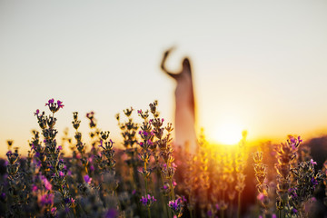 Beautiful silhouette model with long hair stands in a lavender field on sunset. Silhouette photo. Sunset in the background. Horizontal shot. Person no focus. Copy space.