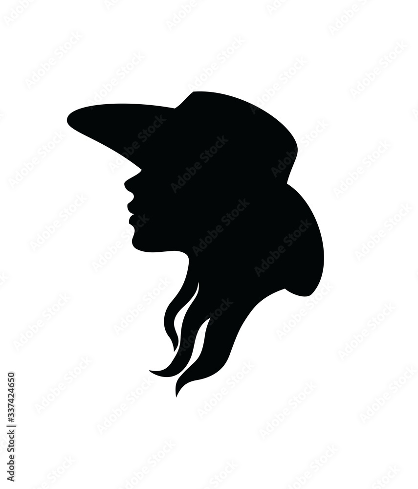Czarna sylwetka profilu głowy Cowgirl - obrazy, fototapety, plakaty 