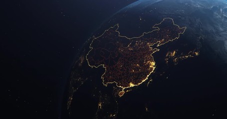 Planet Earth from Space, People's Republic of China highlighted state borders and counties animation, city lights, 3d illustration, elements of this image courtesy of NASA