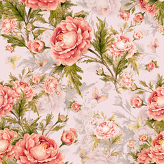   Seamless watercolor pattern with roses and butterflies