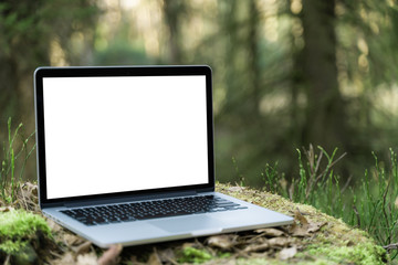 Laptop outside concept. Empty copy space, blank screen mockup. Soft focus laptop in nature background. Ecology travel and work outside office concept.