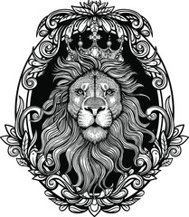 Wall Mural - Vector Black and White Vintage Lion Head Illustration