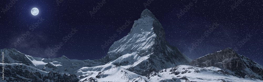 panoramic view to the majestic Matterhorn mountain at night. Valais, Switzerland - obrazy, fototapety, plakaty 