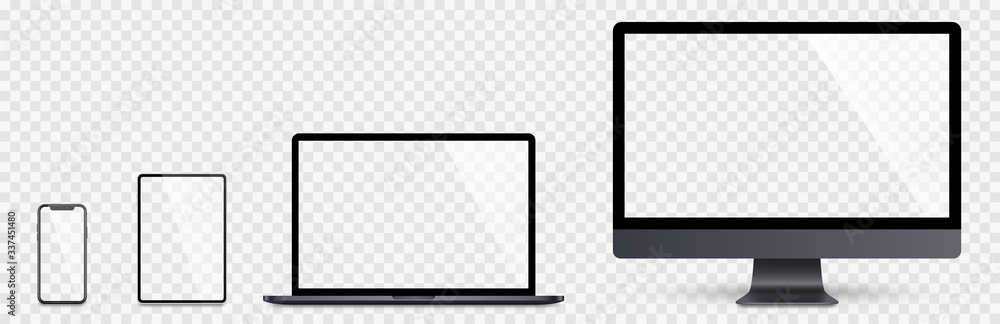 Realistic set computer, laptop, tablet and smartphone. Device screen mockup collection. Realistic space gray mock up computer, laptop, tablet, phone with shadow- stock vector. - obrazy, fototapety, plakaty 