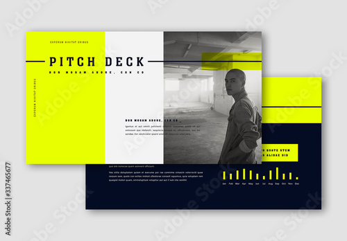 Pitch Deck Layout With Fluorescent Yellow Accents Kaufen Sie Diese Vorlage Und Finden Sie Ahnliche Vorlagen Auf Adobe Stock Adobe Stock