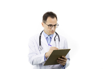 Poster - Sexy male senior age doctor in white lab coat and stethoscope writing writing patient’s medical history on clipboard on isolated white background. Copy space. Healthcare, diagnostics, medical concept