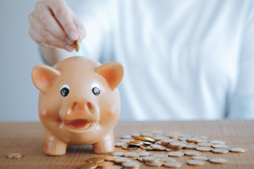 Female hand putting euro coin into a piggy bank. Investment and savings concept